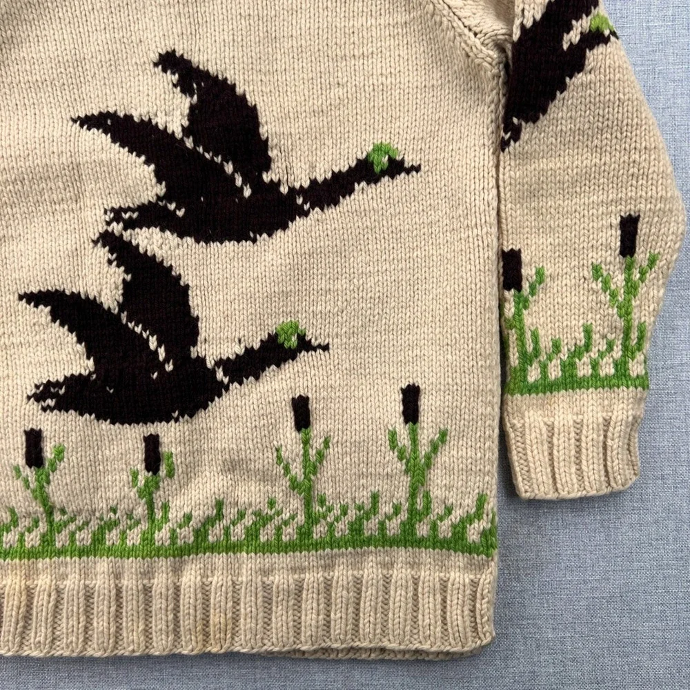 Vintage 60s Mary Maxim Cowichan Duck Hunting Wool Cardigan Men Medium Cream